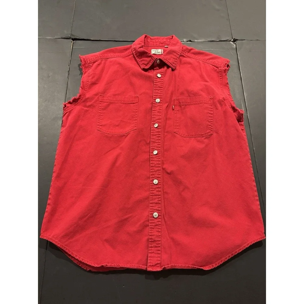 Vintage Levi's Jeans Red Denim Sleeveless Button-Up Shirt Red Large